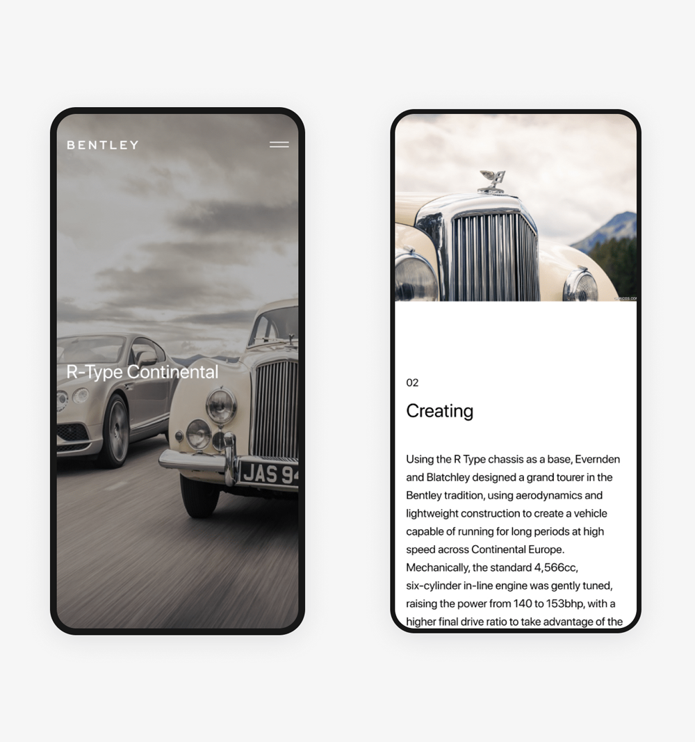 Mobile screens showcasing Bentley R-Type Continental cars and detailed information.