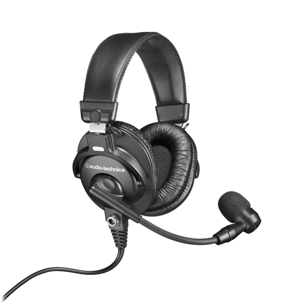 Black over-ear headset with attached microphone and cable.