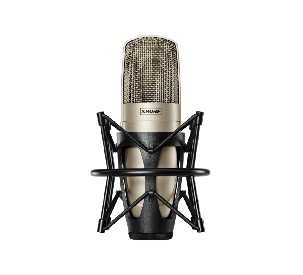 Professional condenser microphone with shock mount isolated on white.