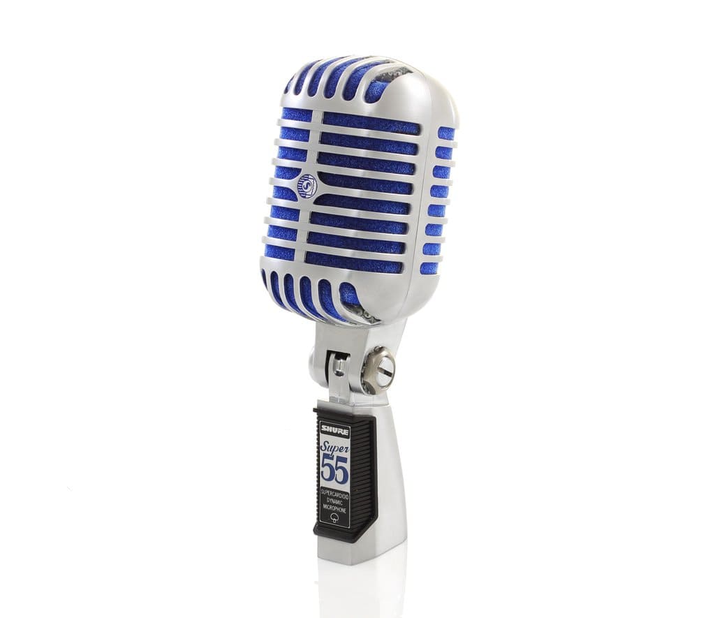 A vintage-style blue and silver microphone with a digital display on the handle.